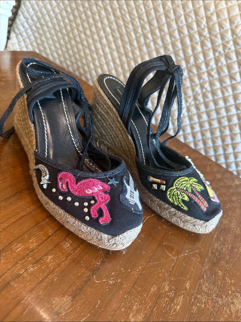 MARC JACOBS Nathalie Crystal & Pearl Embellished Raffia Espadrille Wedges